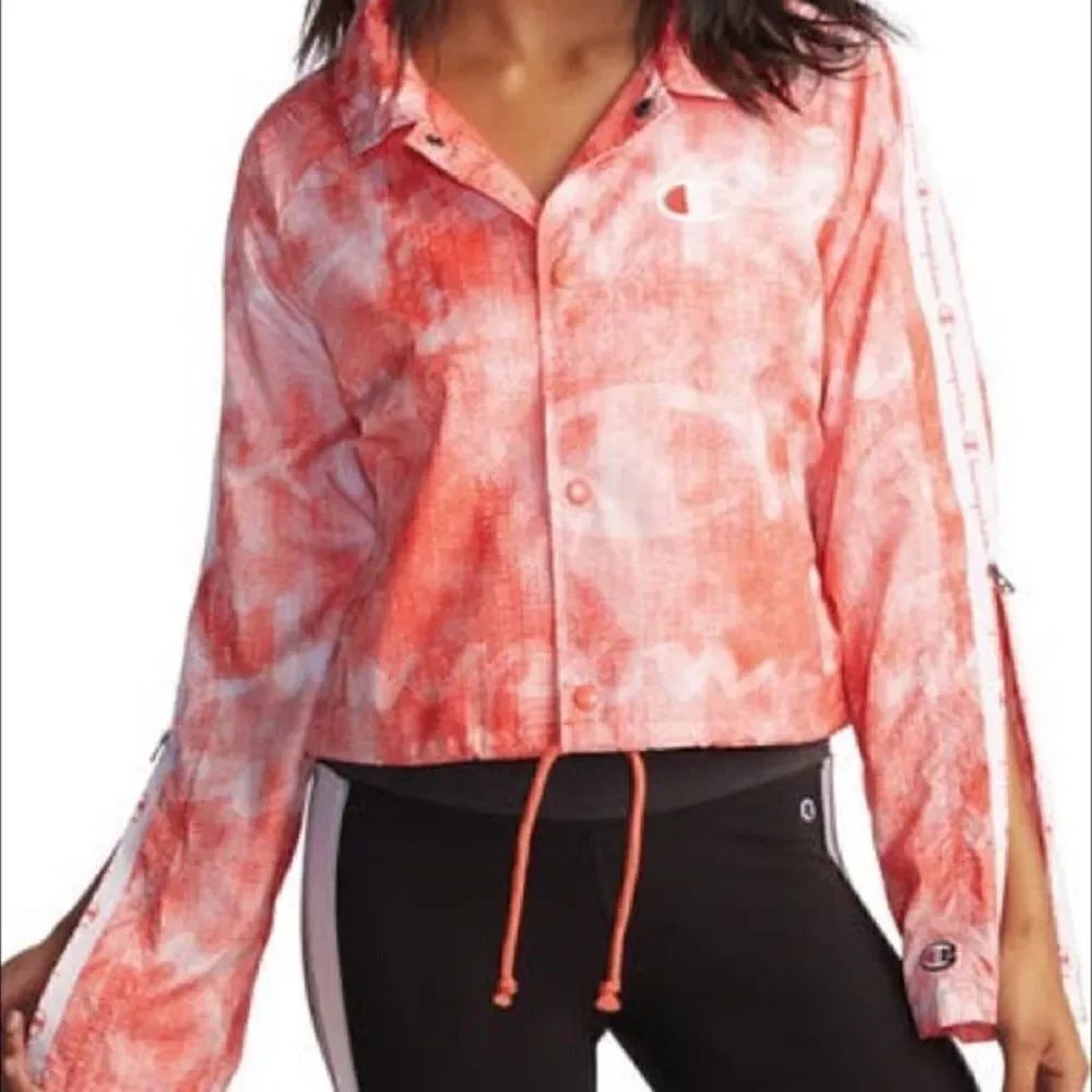Champion Women’s Cropped Coach Jacket Pink Orange Logo Tape SZ S EUC